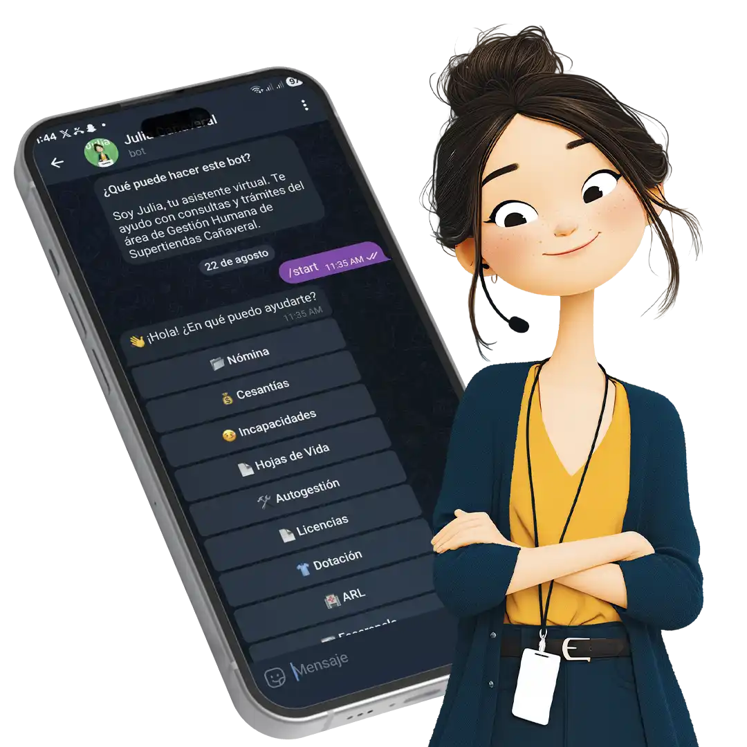 Julia, asistente virtual de Gestión Humana, junto a un teléfono con el chat del bot de Telegram